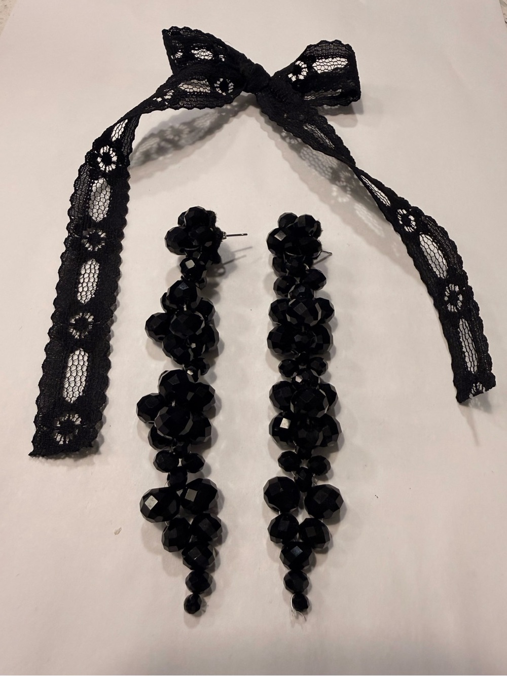 Black Beaded Drop Earrings with Lace Accent